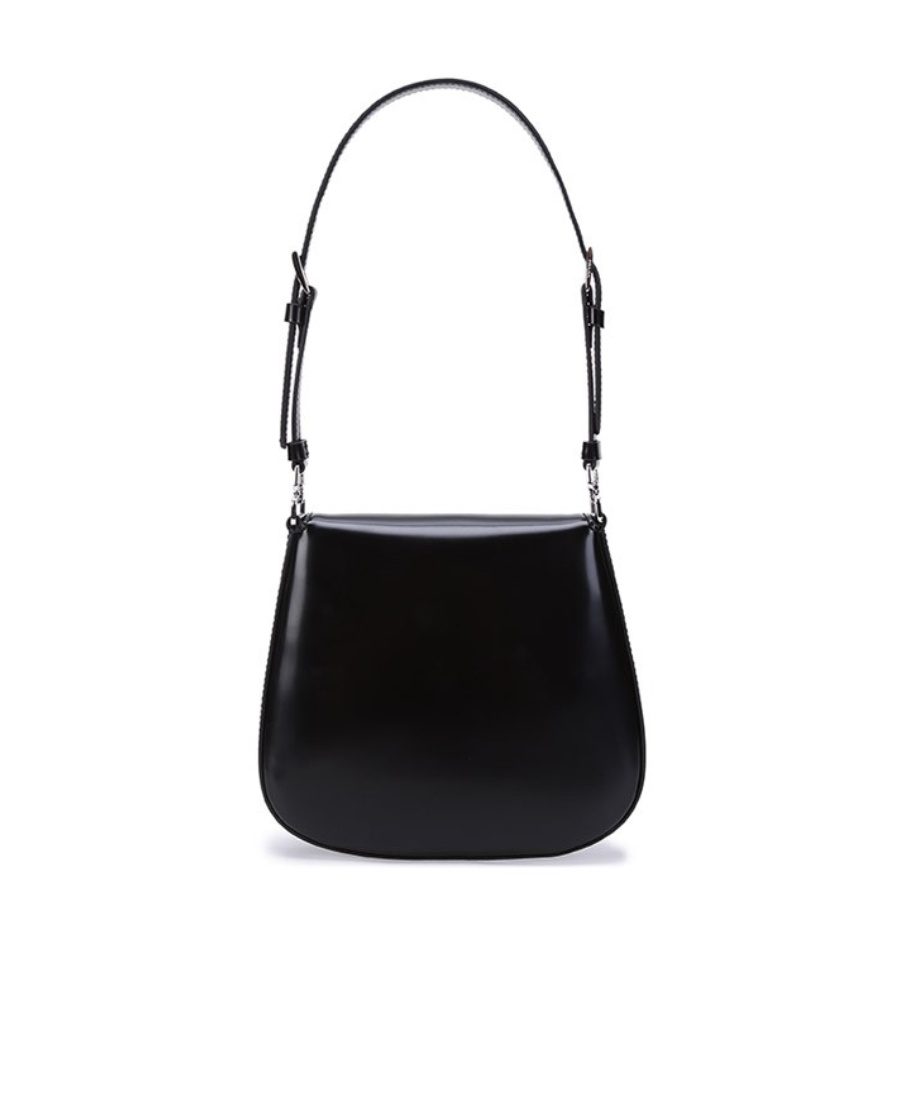 Prada Cleo Glossy Leather Mini Logo Shoulder Bag In Black