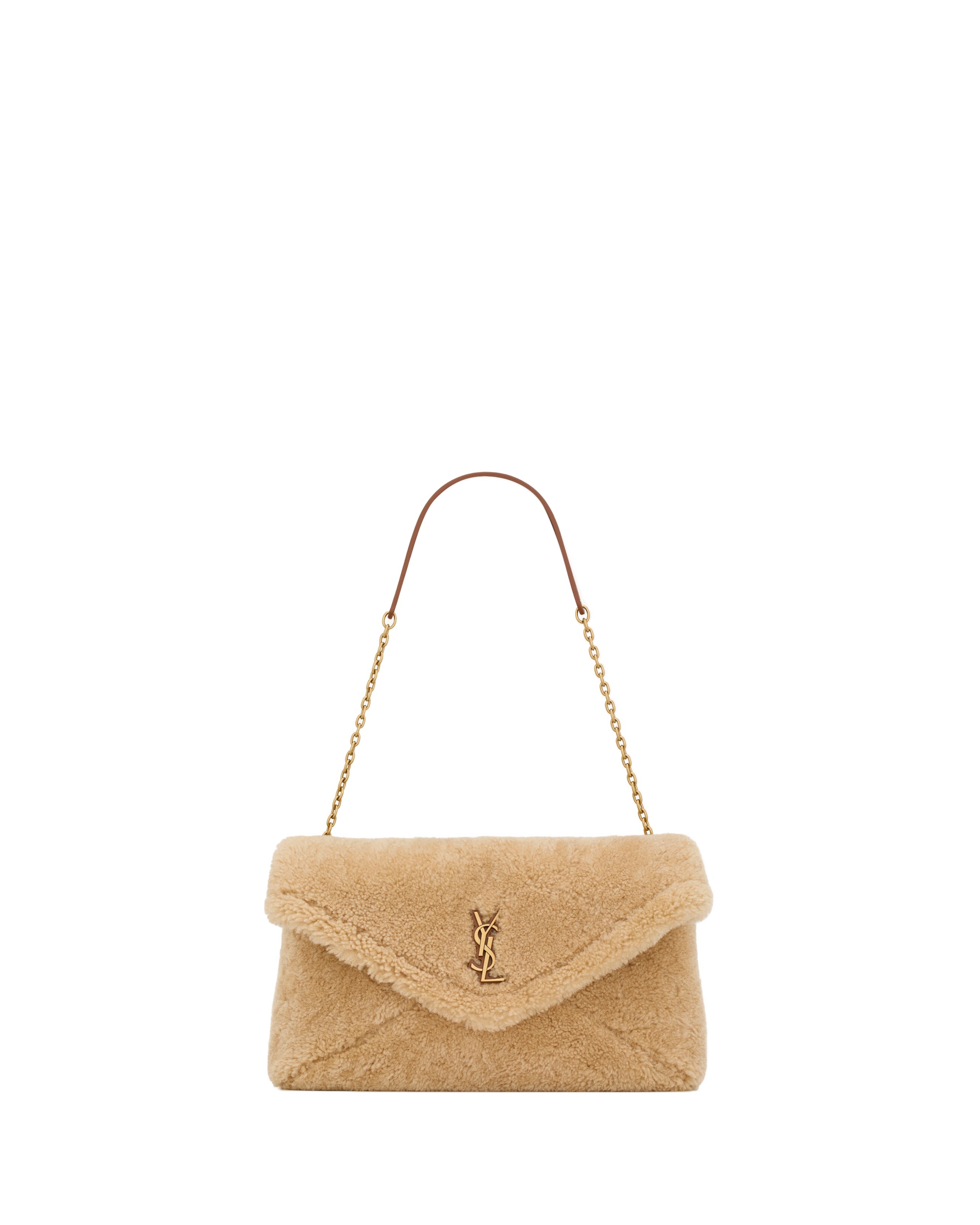 Saint Laurent Cassandre Large Pouch On Chain In Shearling In Naturel And Brick