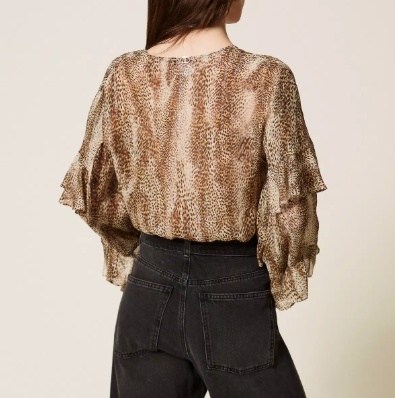 Twinset Animal Print Blouse With Ruffled Sleeves In Brown