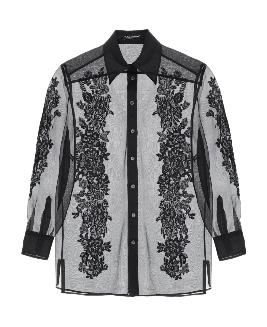 Dolce & Gabbana Organza Shirt With Lace Inserts In Gray