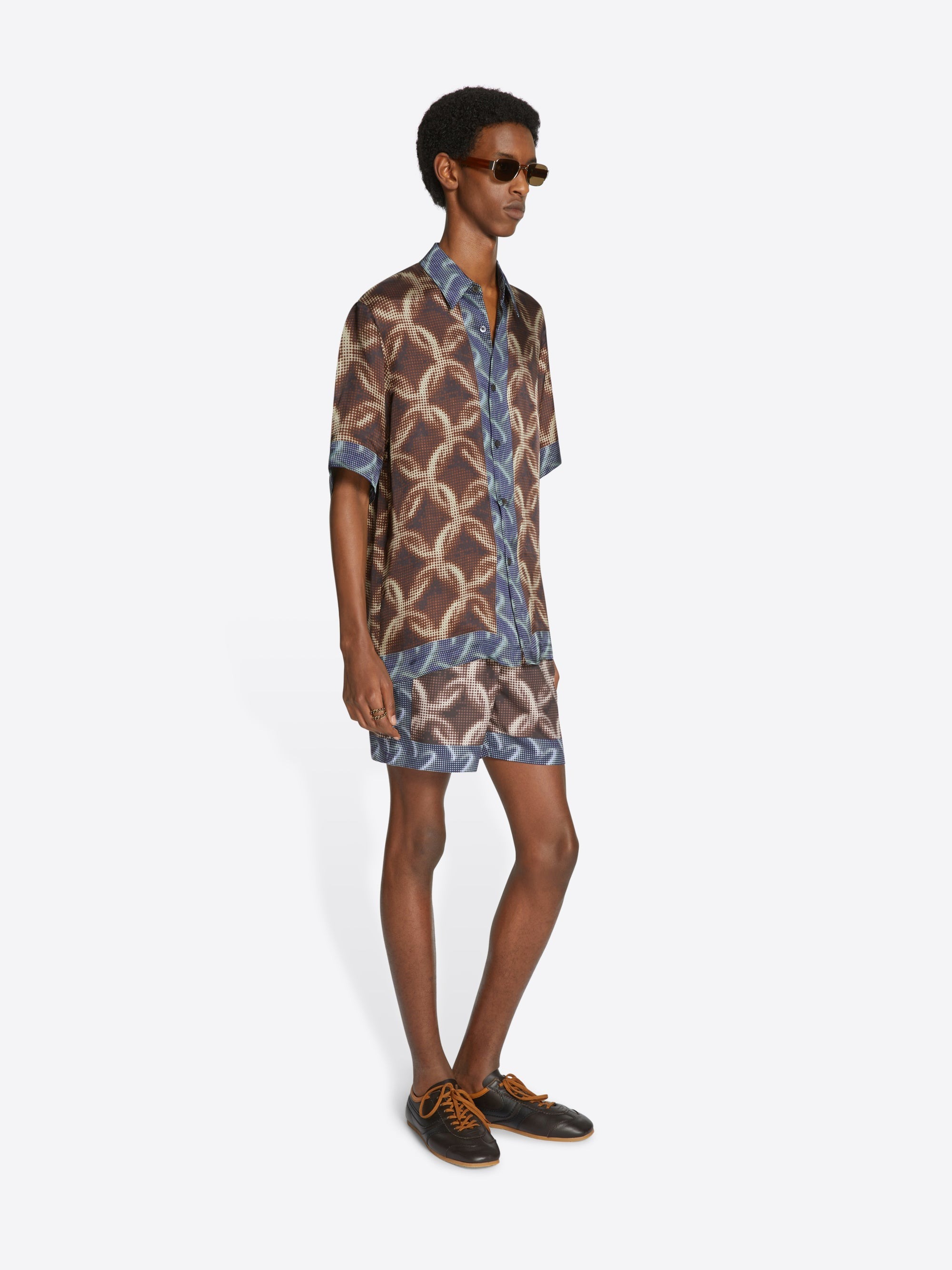 Dries Van Noten Panelled Geometric Pattern Short Sleeve Shirt In Brown