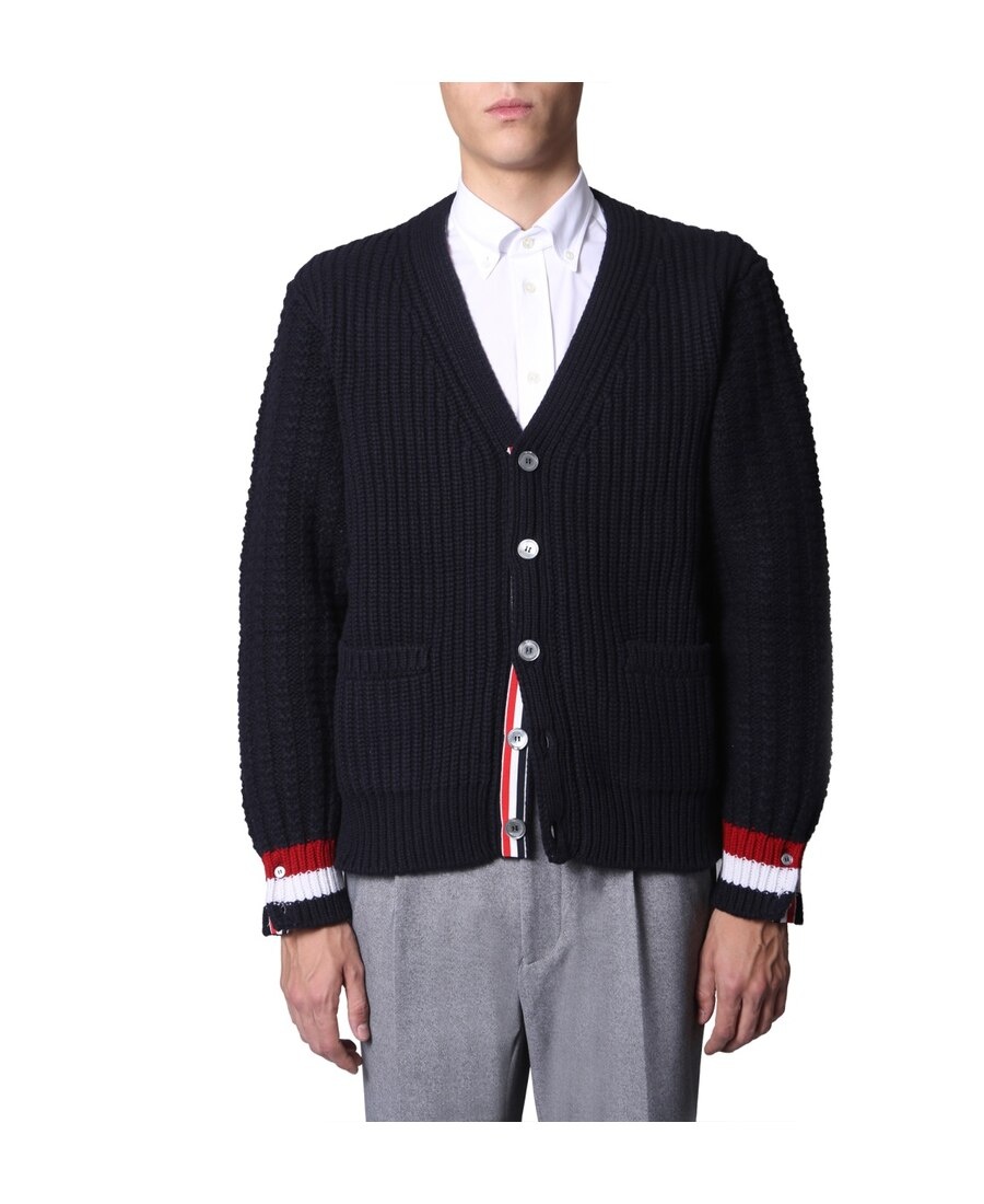 Shop Thom Browne V-neck Knitted Cardigan In Black