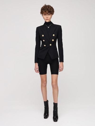 Balmain Black Double-breasted Jacket With Branded Buttons And Asymmetric Cut In Wool Woman