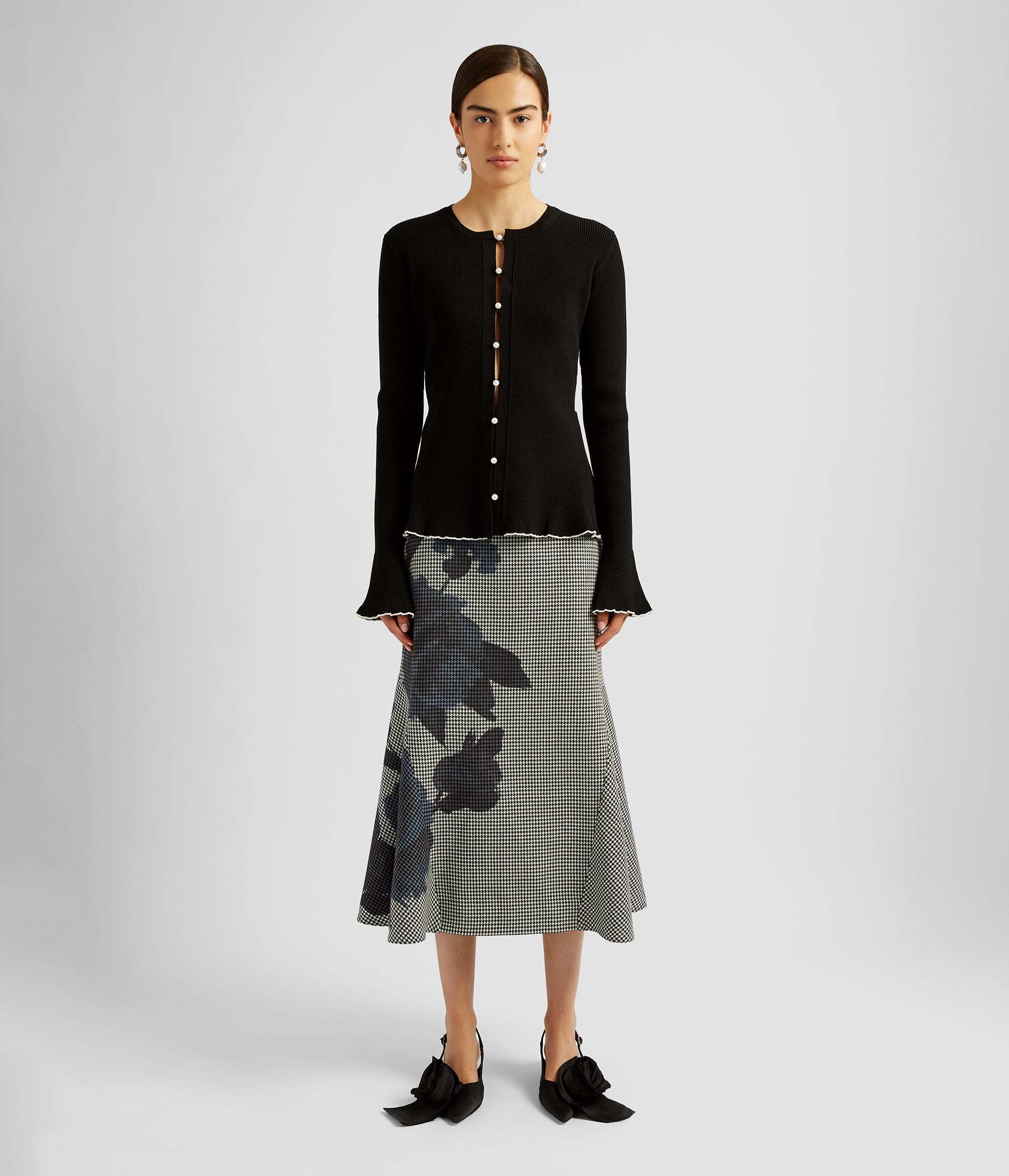 Shop Erdem Ruffled Ribbed Cardigan In Black