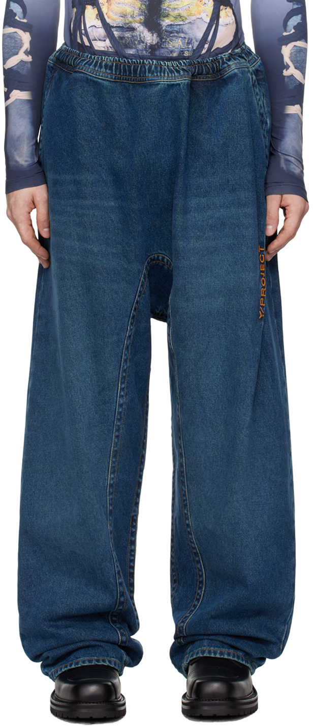 Y/project Blue Pinched Logo Souffle Jeans In Blue
