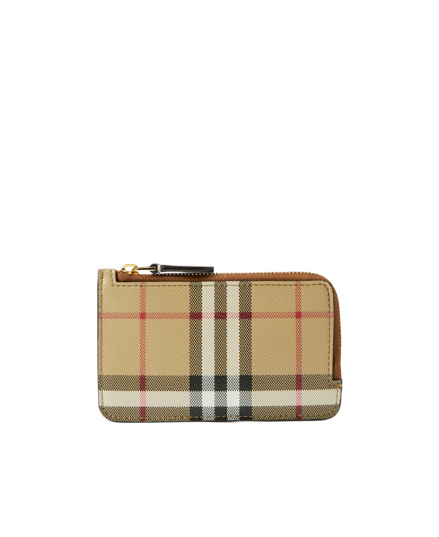Burberry Mini Leather Wallet With Iconic Check Pattern And Zip Closure In Nude