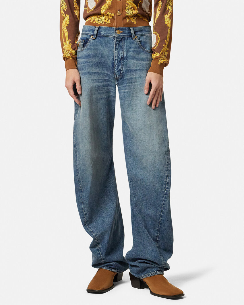 Versace Baggy Twisted Japanese Jeans In Blue