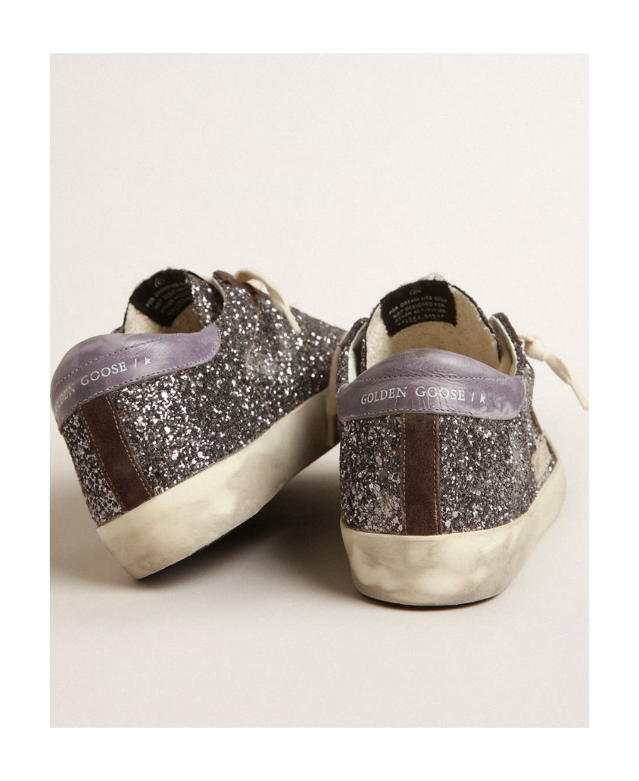 Golden Goose Super-star In Glitter With A Brown Star And Lilac Heel Tab