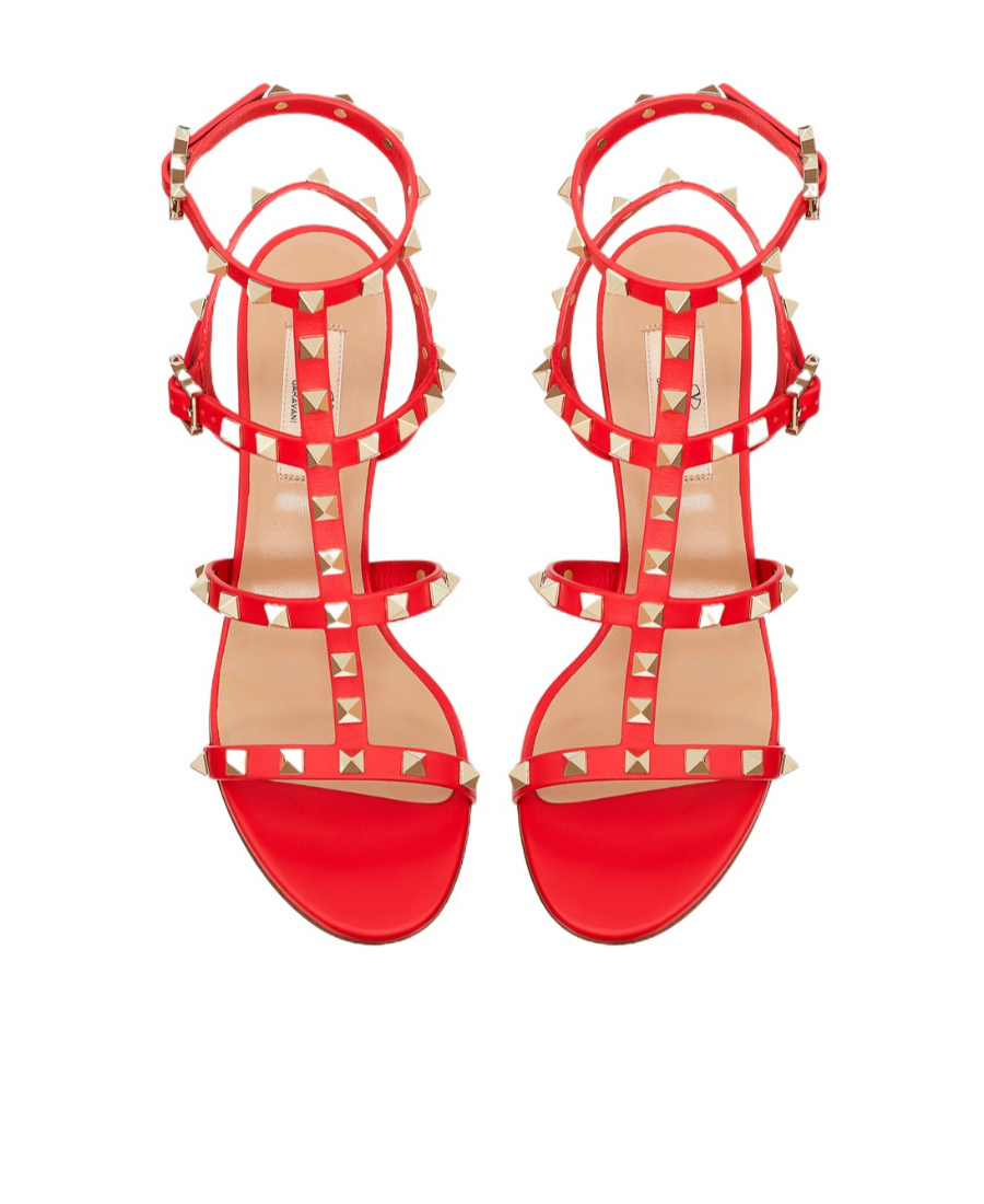 Valentino Garavani Red Leather Rockstud Sandal With Pyramid Studs And Block Heel In Red