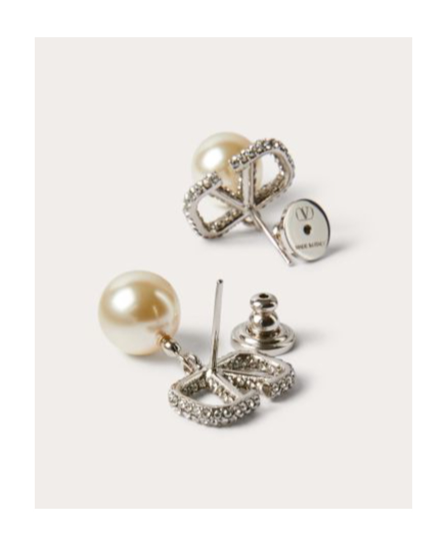 Valentino Vlogo Signature Metal Earrings With Crystals And Pearls In Swarovski Crystal In Metallic