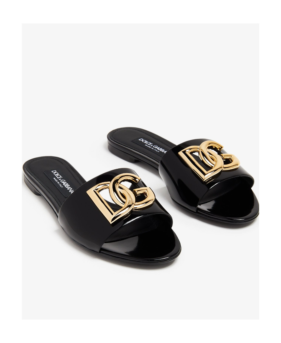 Dolce & Gabbana Logo-plaque Leather Slides In Black