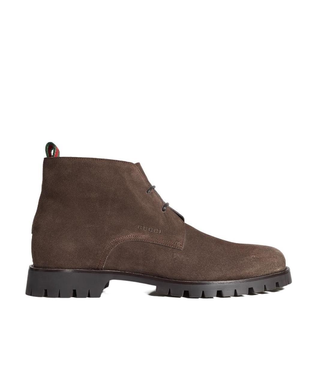 Gucci Men's Lace-up Ankle Boot With Web In Dark Brown