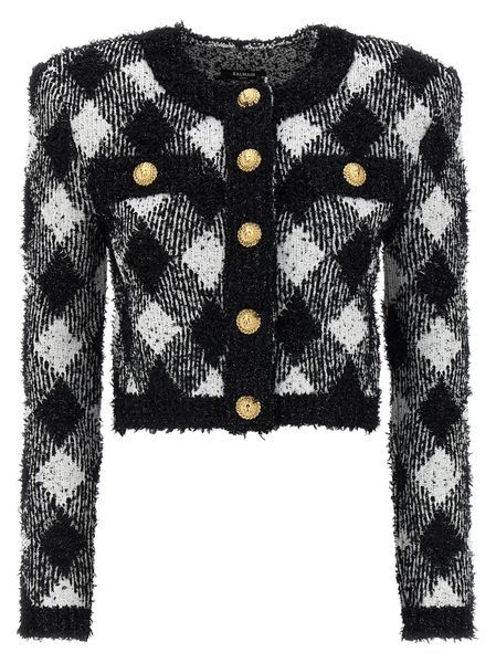 Shop Balmain Gingham Tweed Jacket In White