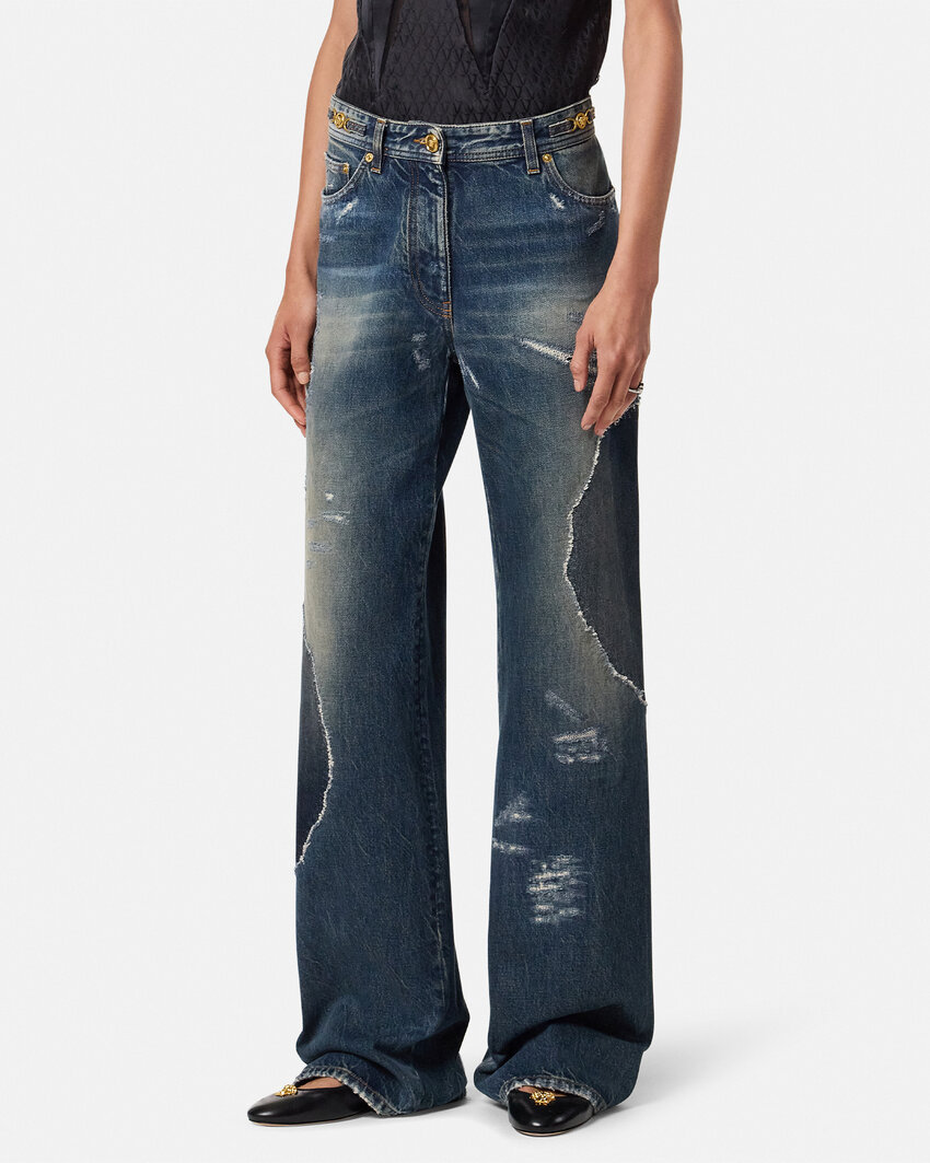 Versace Distressed Patchwork High-rise Wide-leg Jeans In Blue