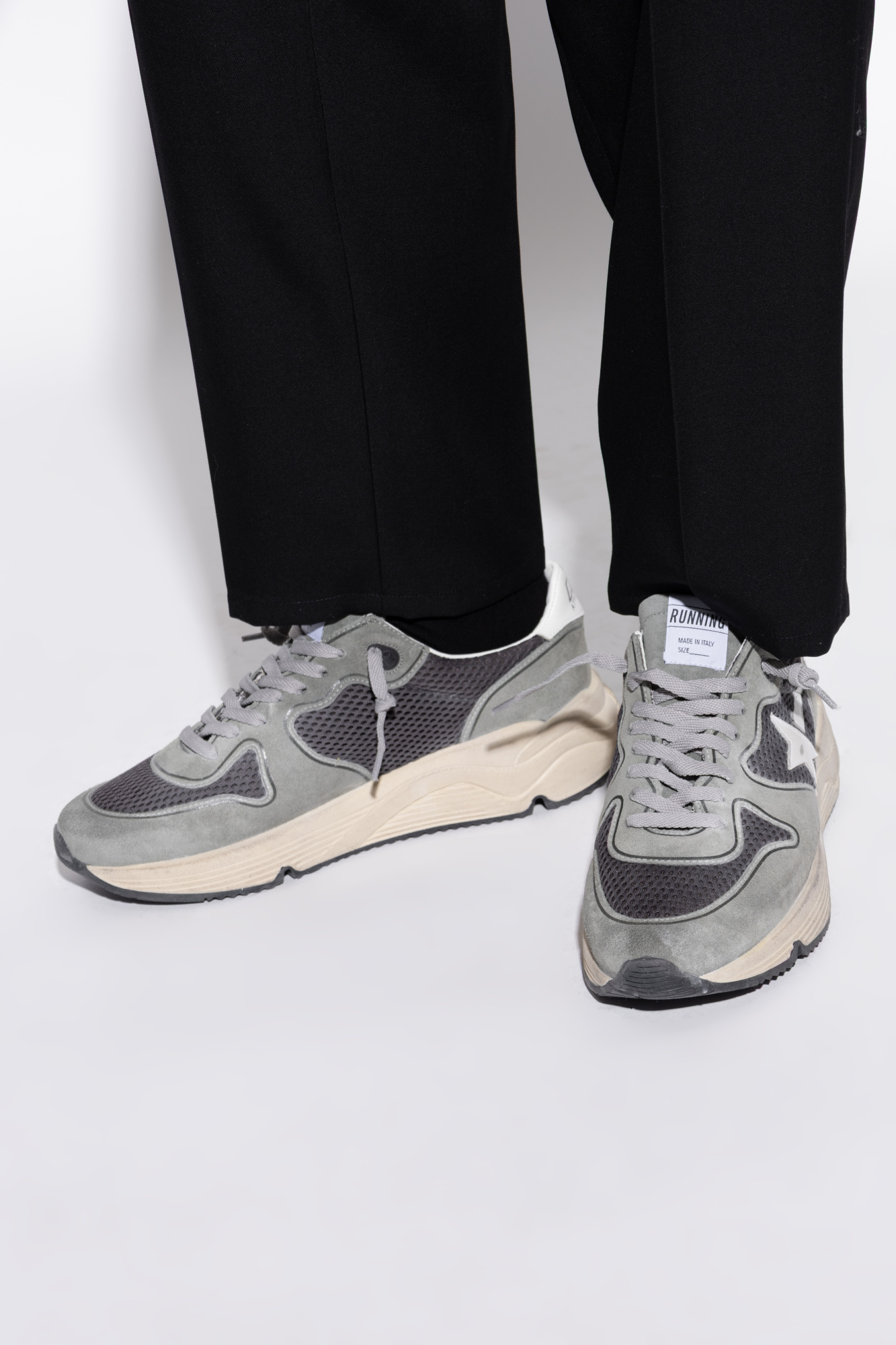 Golden Goose Running Sole In Green Suede With White Leather Star And Heel In Gray