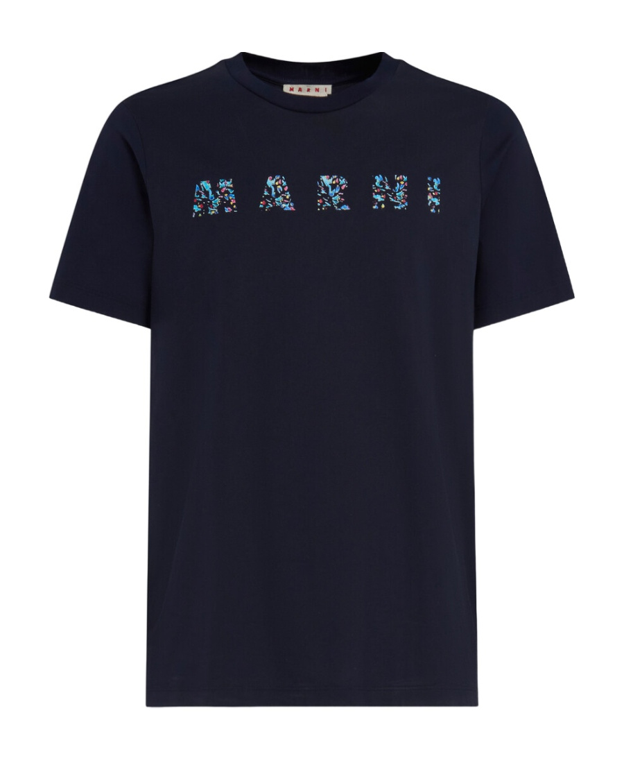 Marni Floral Logo Print Cotton Jersey T-shirt In Blue