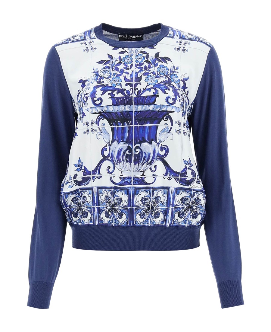 Dolce & Gabbana Printed Silk Crewneck Sweater In Blue