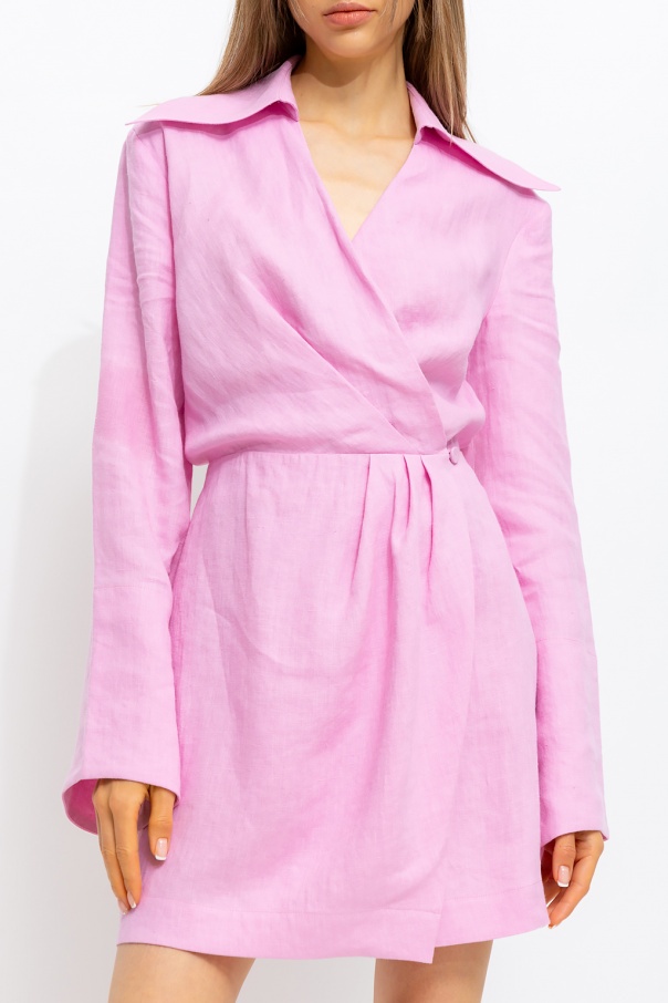 Nanushka ‘esma' V-neck Bell Sleeve Open Back Mini Wrap Dress In Pink