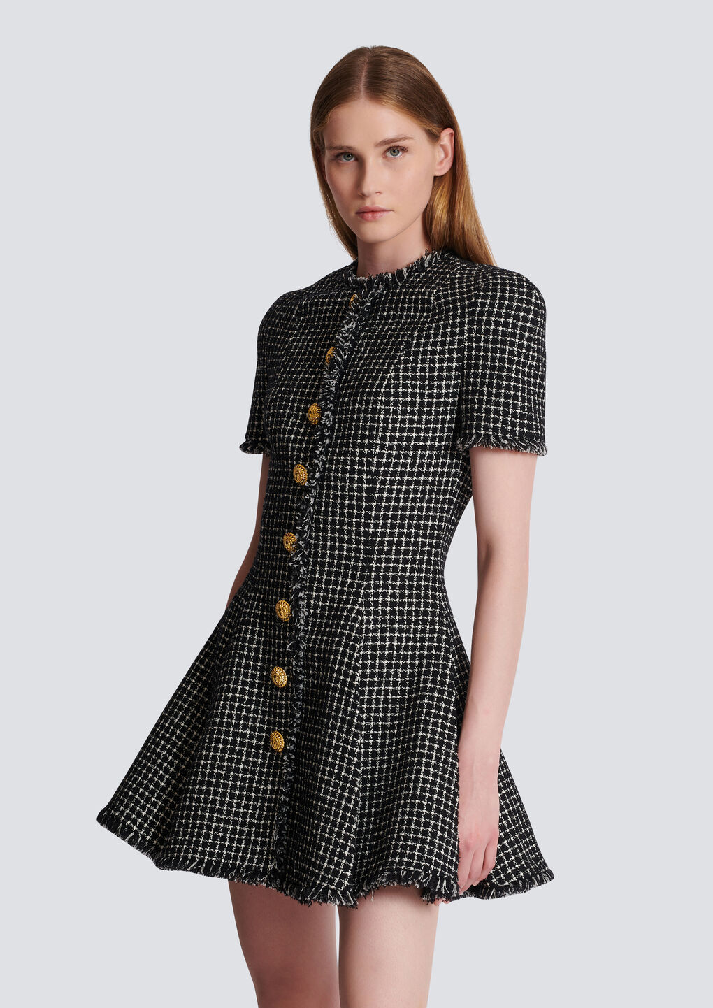 Balmain Pleated Cotton-blend Tweed Minidress In Black