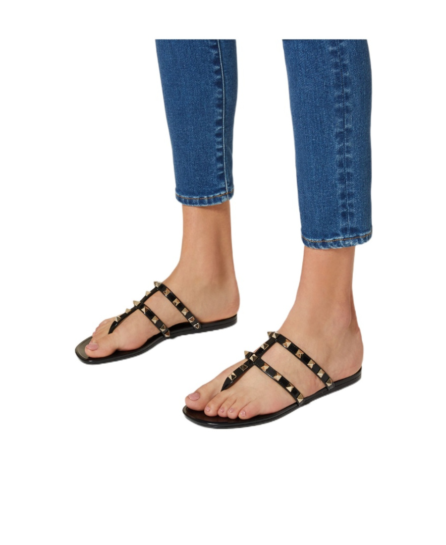 Valentino Rockstud T-strap Flat Slide Sandals In Black