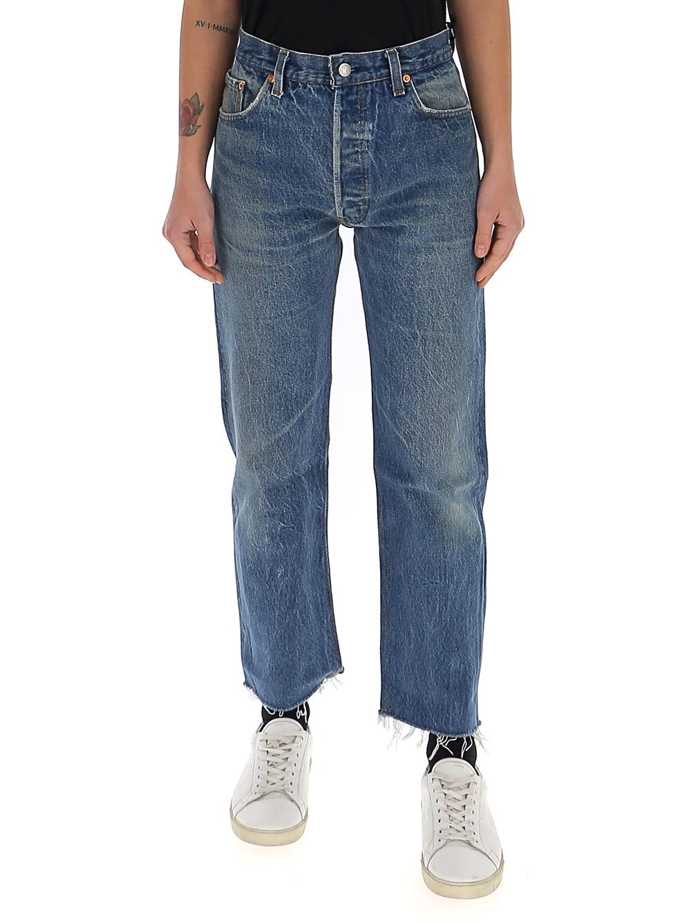 Shop Re/done Stove Pipe Cropped Jeans In Blue