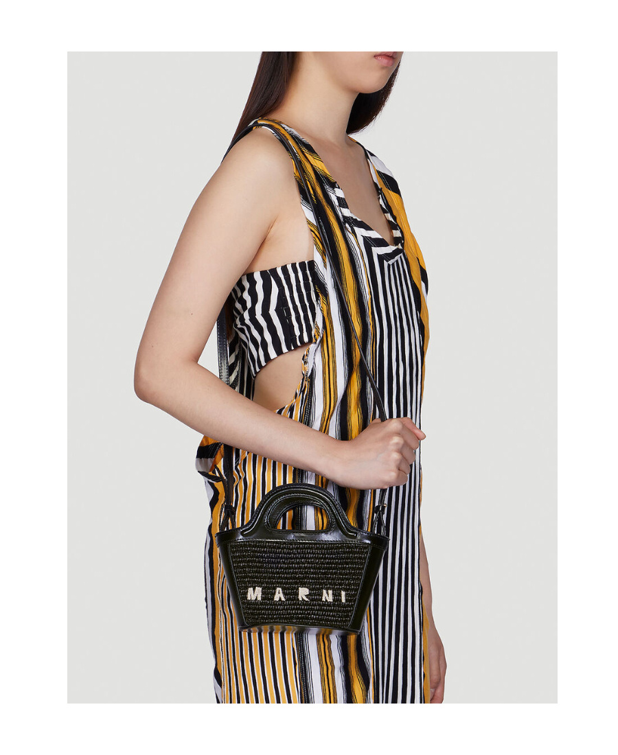 Marni Tropicalia Structured Shoulder Bag With Raffia Panels In Black