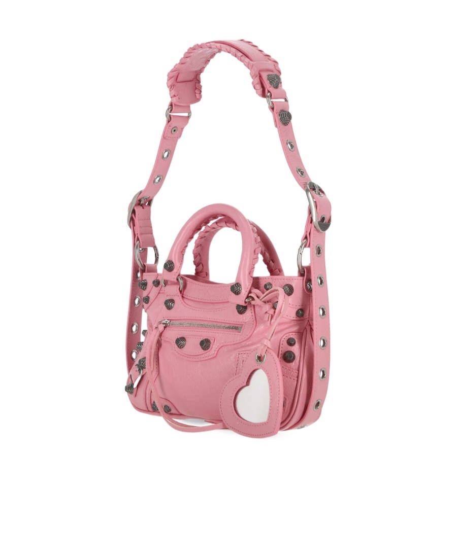 Balenciaga Green Leather Shoulder Handbag With Magnetic Closure And Metal Details In Pink
