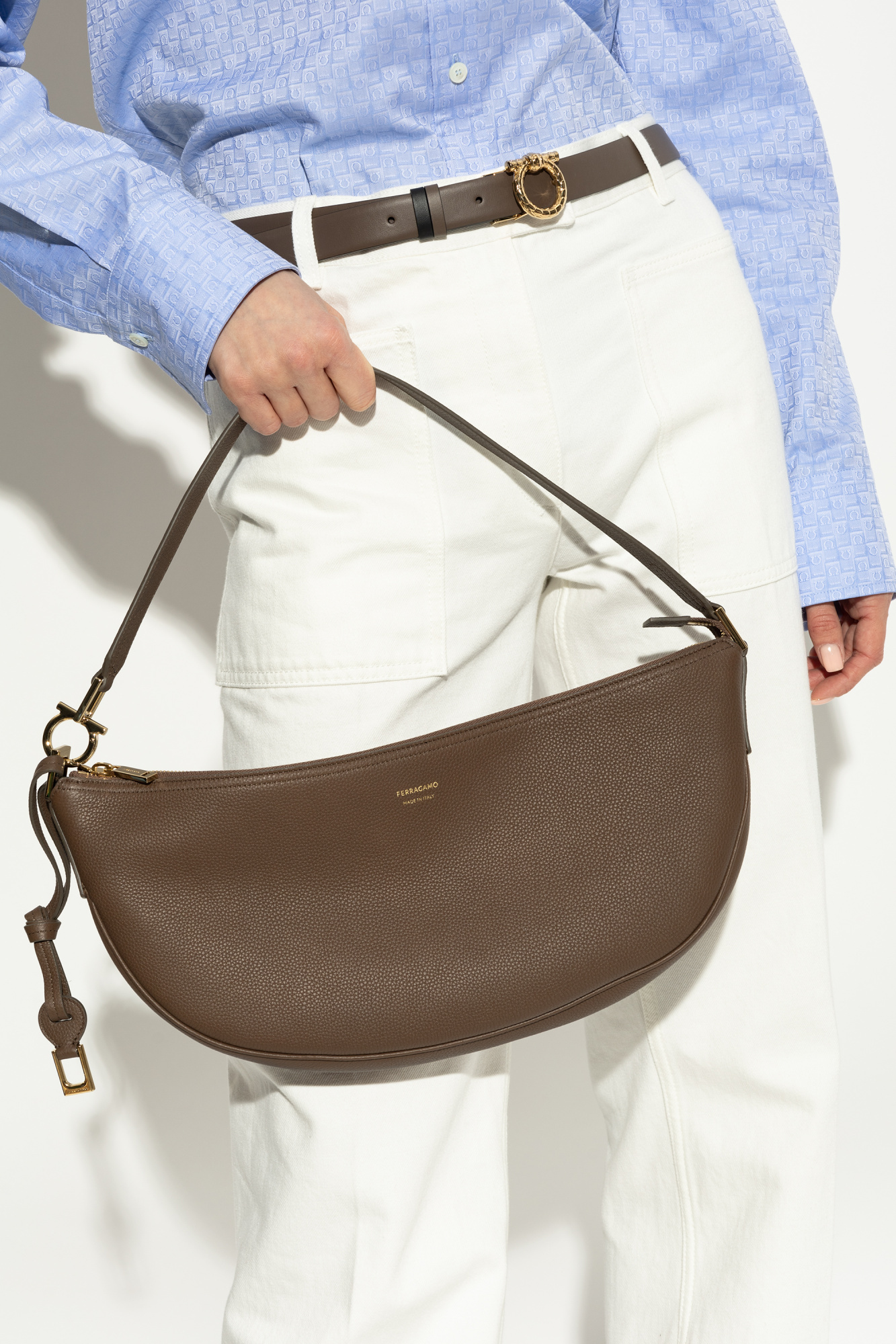 Shop Ferragamo Logo Shoulder Bag In Brown