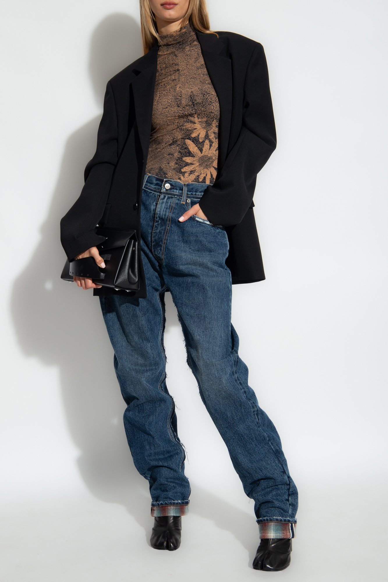Maison Margiela Logo-patch Ripped-detailing Wide-leg Jeans In Blue