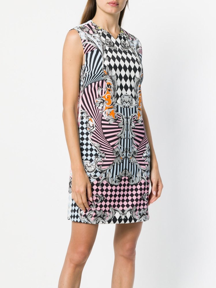 Versace Color Plaid Baroque Printed Dress In Black