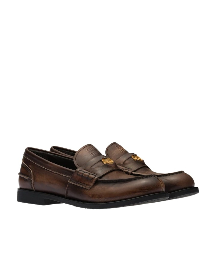 Miu Miu Logo Embossed Calf Leather Loafers In Black