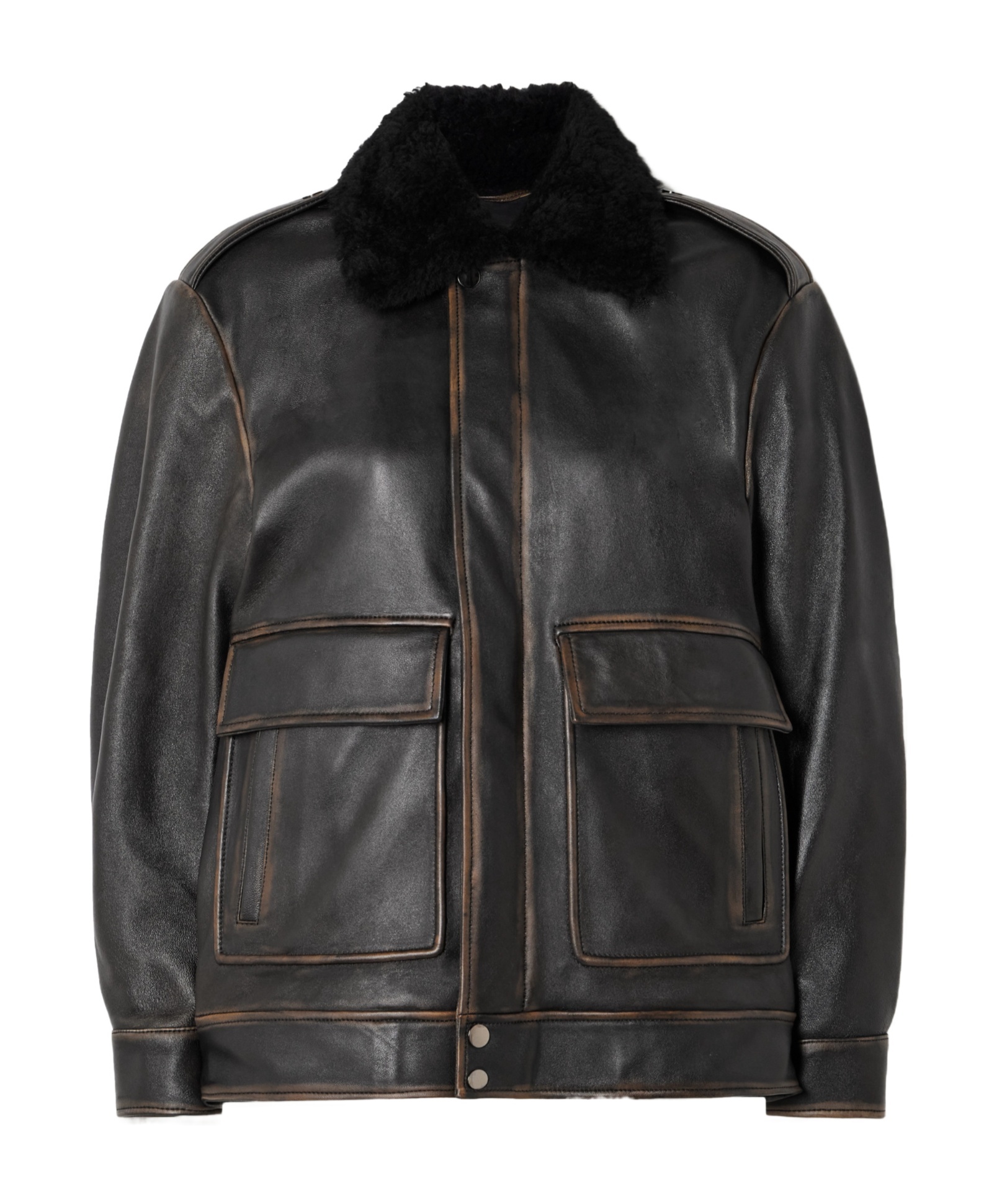 Nour Hammour Drey Distressed Shearling-trimmed Leather Jacket In Black