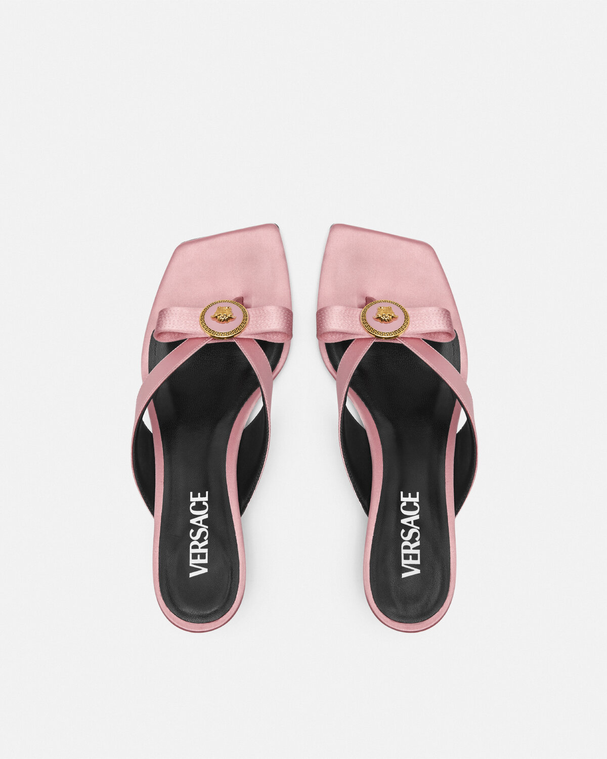 Versace Woman Pink Satin Gianni Ribbon Thong Mules In Pink
