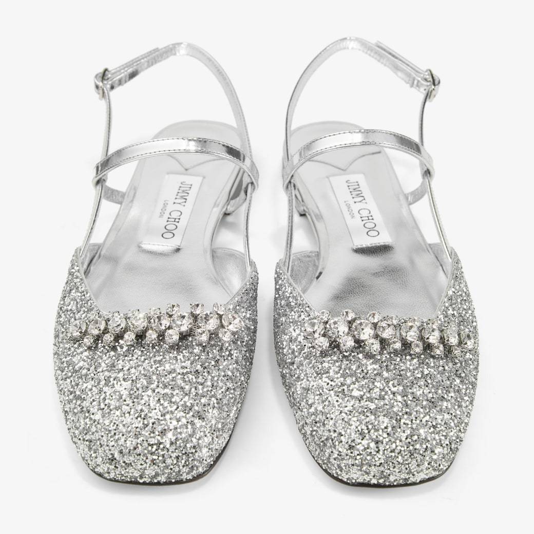 Jimmy Choo Glitter Pointed Toe Sandals With Embellished Detail In Silver