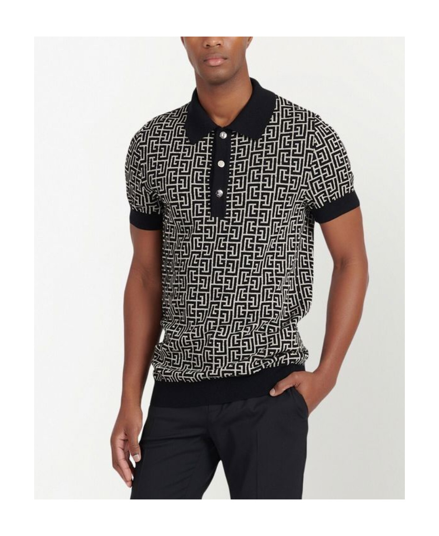 Balmain Monogram Pattern Polo With Classic Collar In Black
