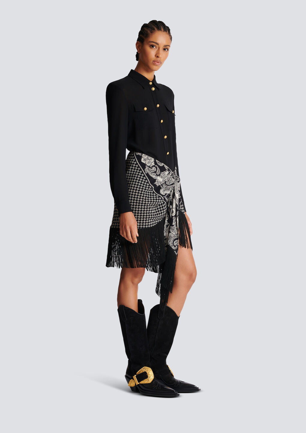 Balmain Fringed Paisley-print Silk Miniskirt In Black