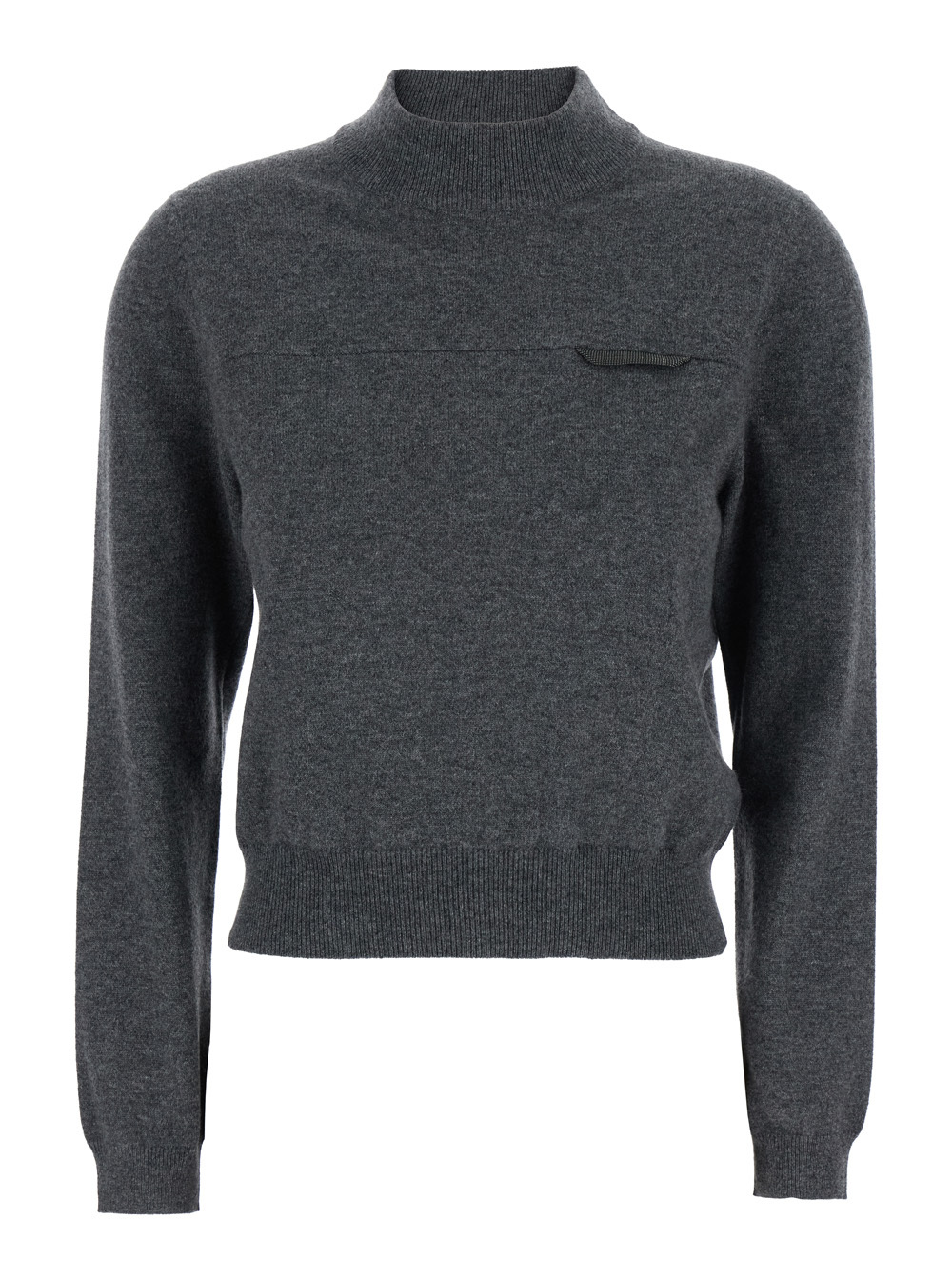 Brunello Cucinelli Grey Sweater With Mock Neck And Monil Detail On The Front In Cashmere Woman