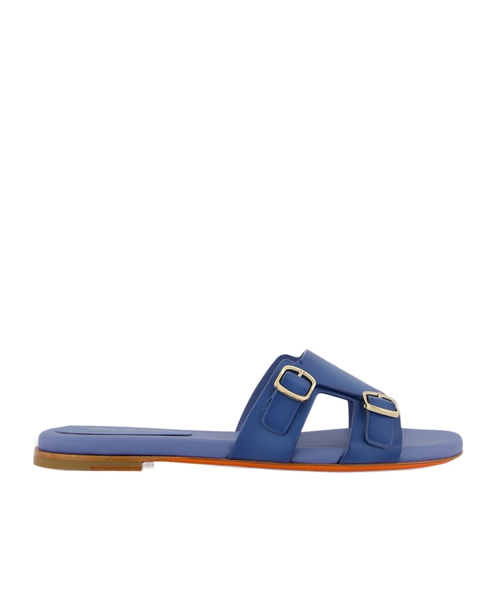 Shop Santoni Double-buckle Leather Slides In Blue
