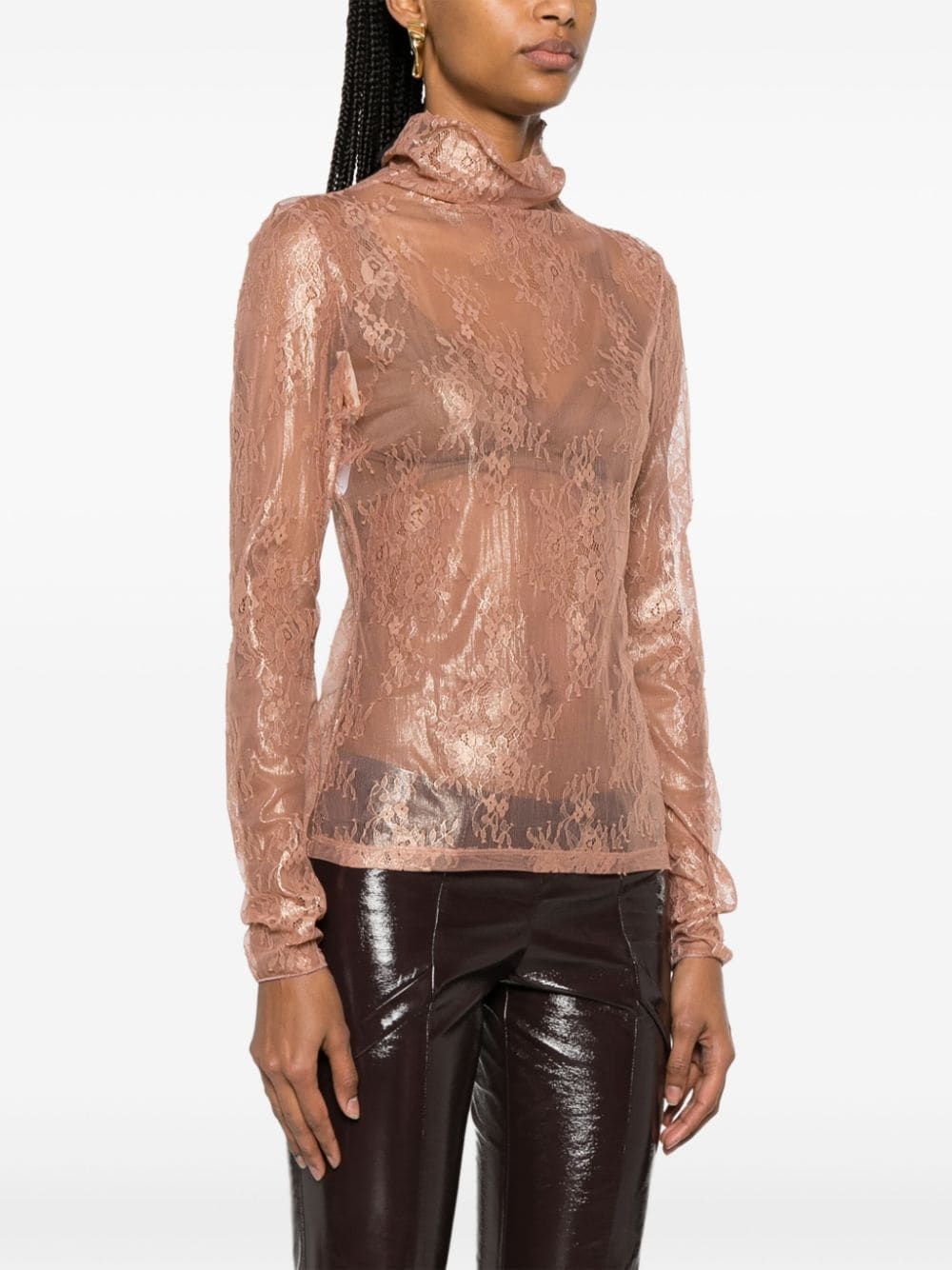 PINKO PINKO LACE-DETAILED ROLL-NECK SEMI-SHEER TOP