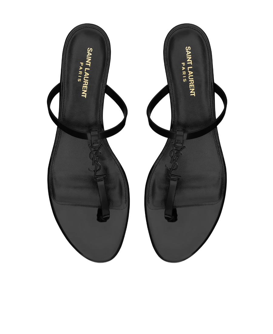 Saint Laurent Smooth Leather Cassandra Triangular Upper Flat Sandals Shoes In Black