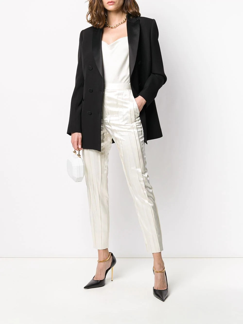 Saint Laurent Crinkle-effect Tailored Trousers In White