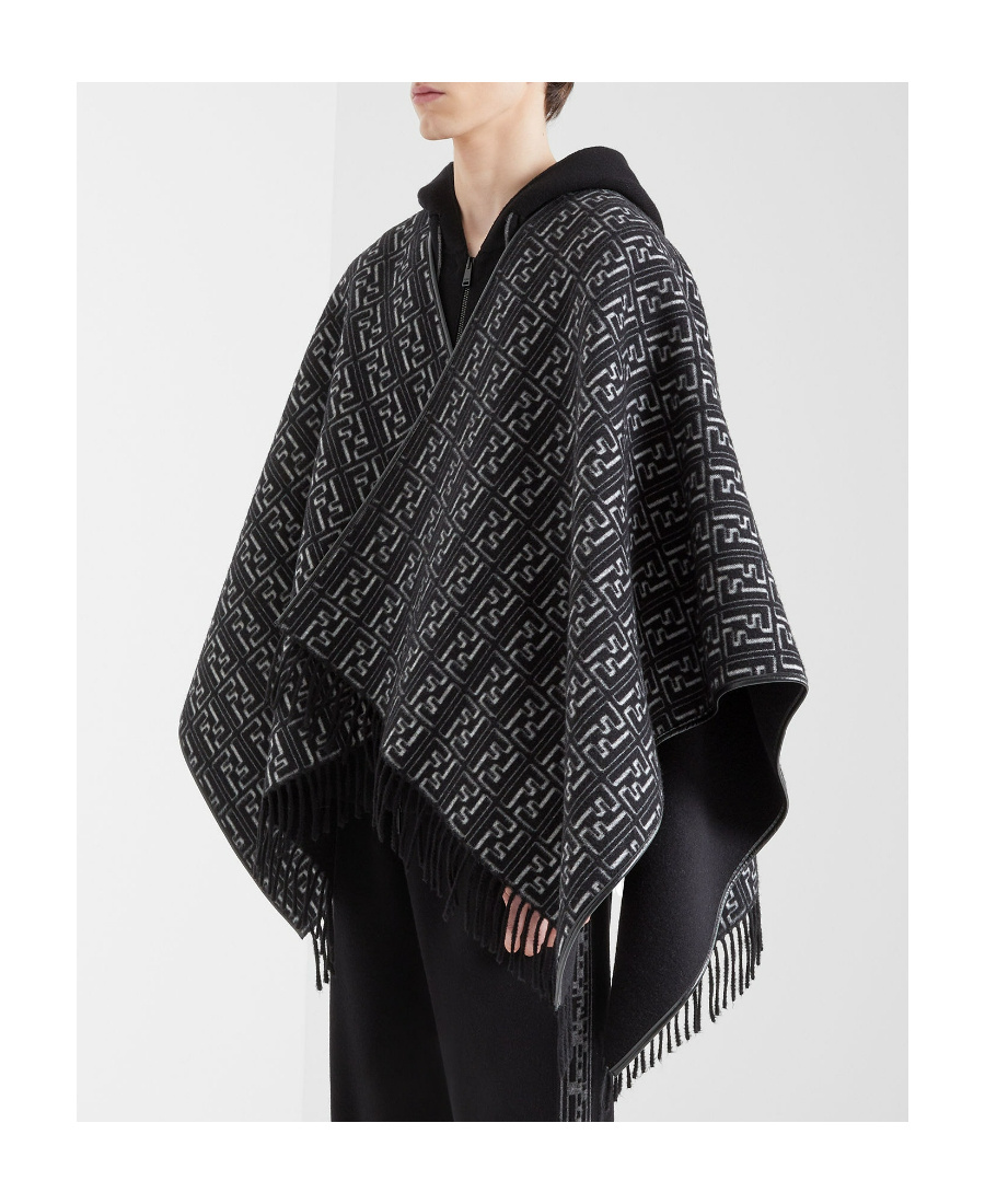 Fendi Fringed Monogram-jacquard Poncho In Black