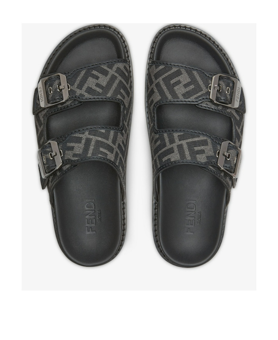 FENDI BLACK LEATHER AND FABRIC SANDALS