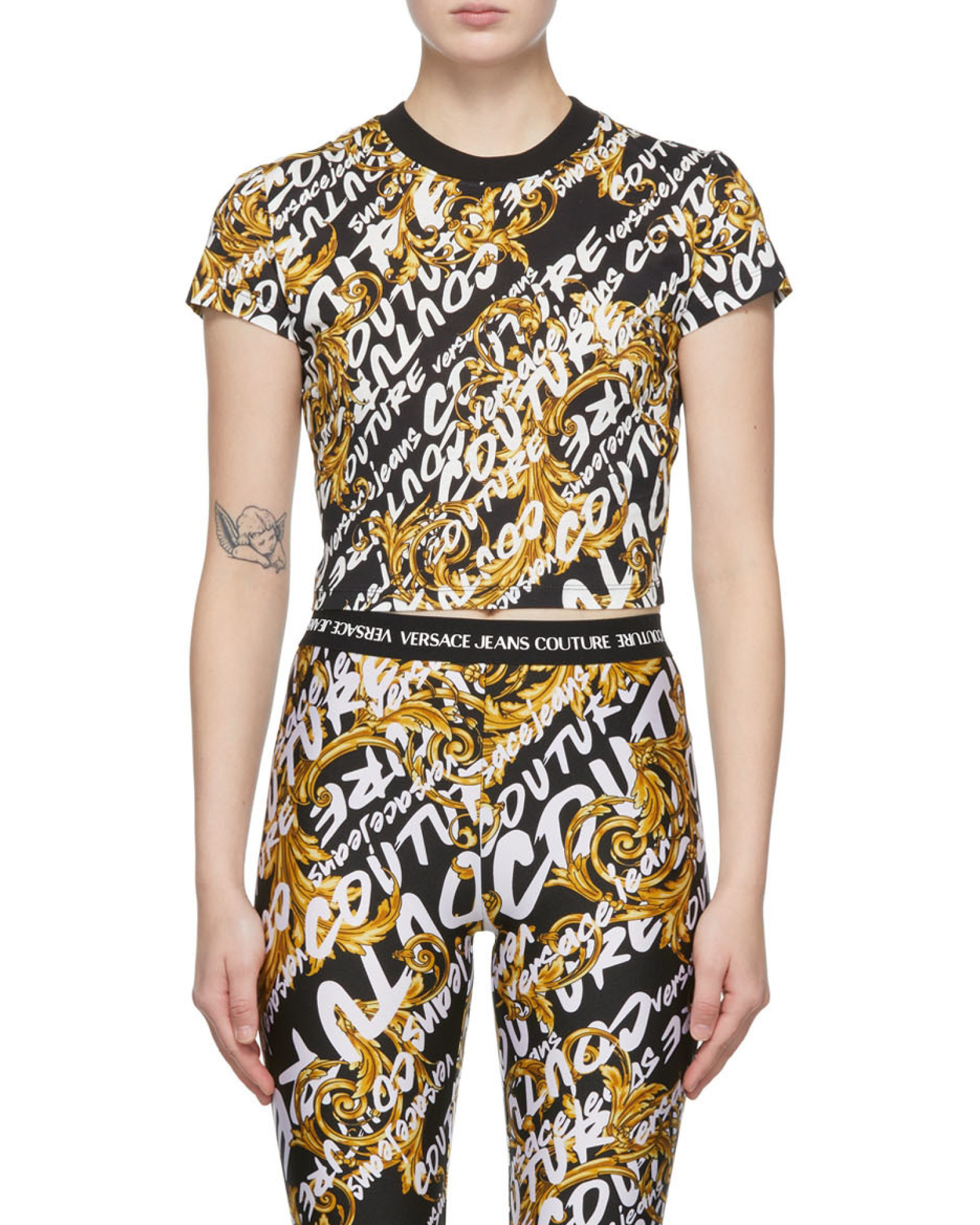 Versace Jeans Garland-print Cropped T-shirt In Multi