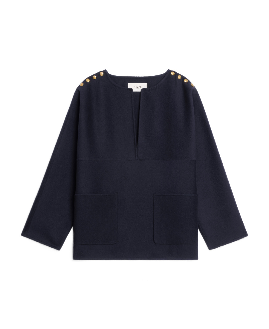 Celine Knitted Tweed Open-necked Blouse In Black
