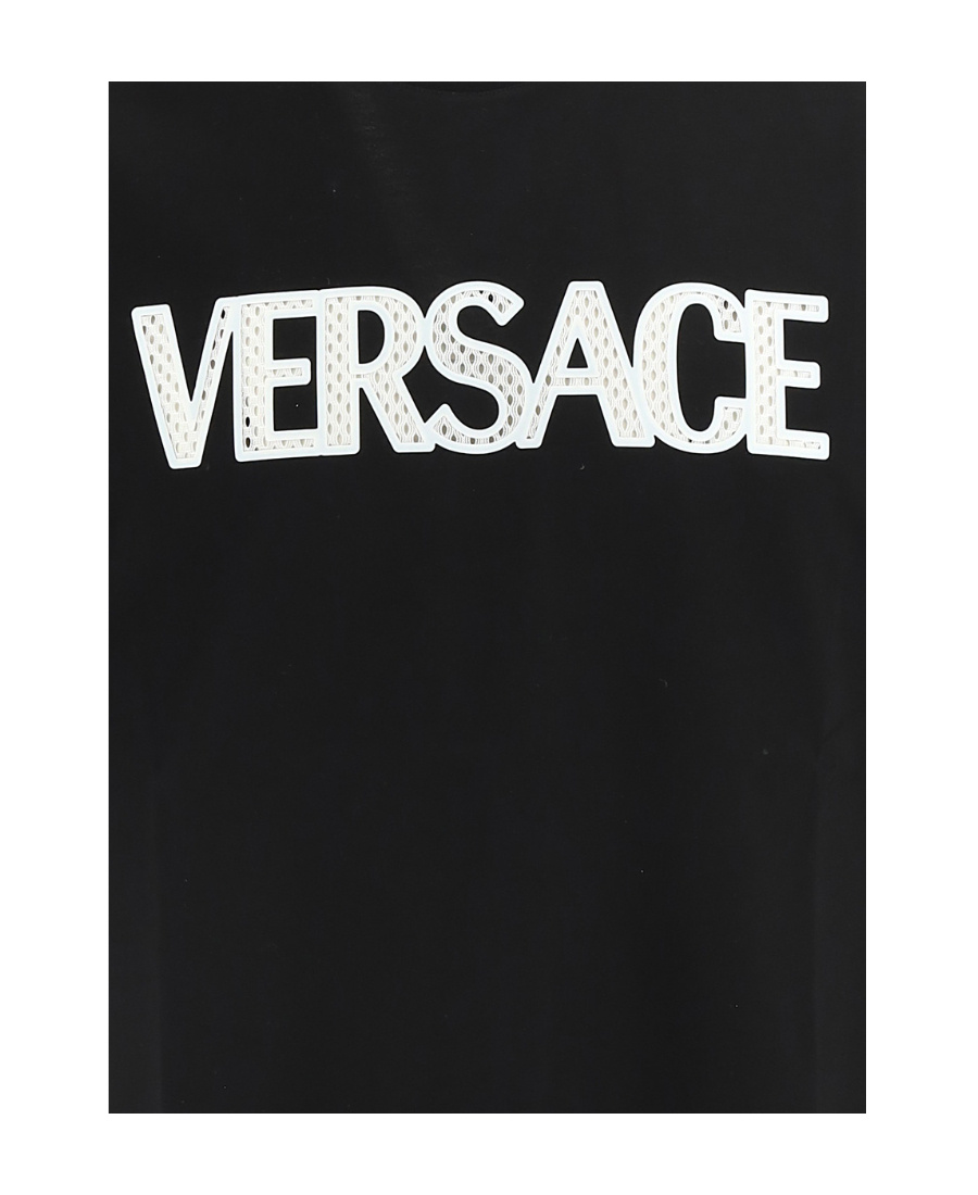 Versace Blue Crewneck T-shirt With 90's Logo Print In Black