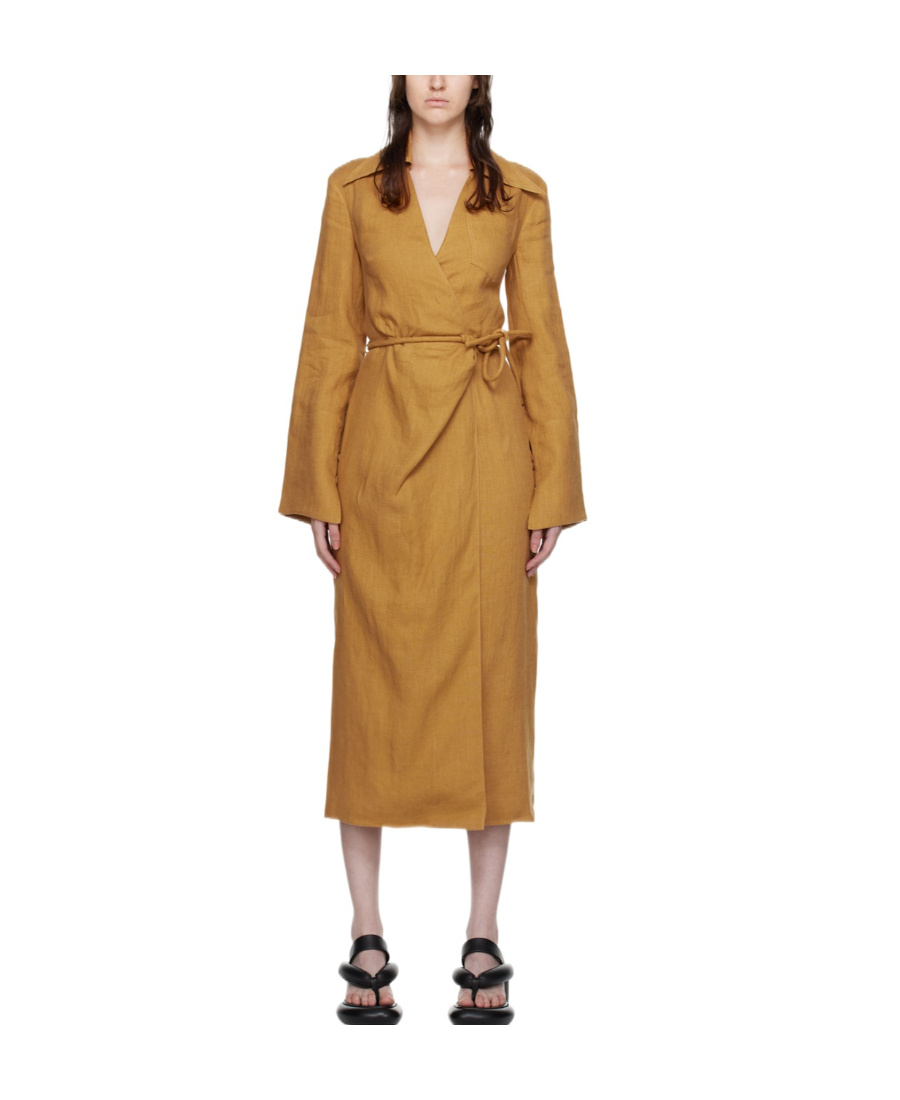 Nanushka Open-back Linen Midi Wrap Dress In Brown