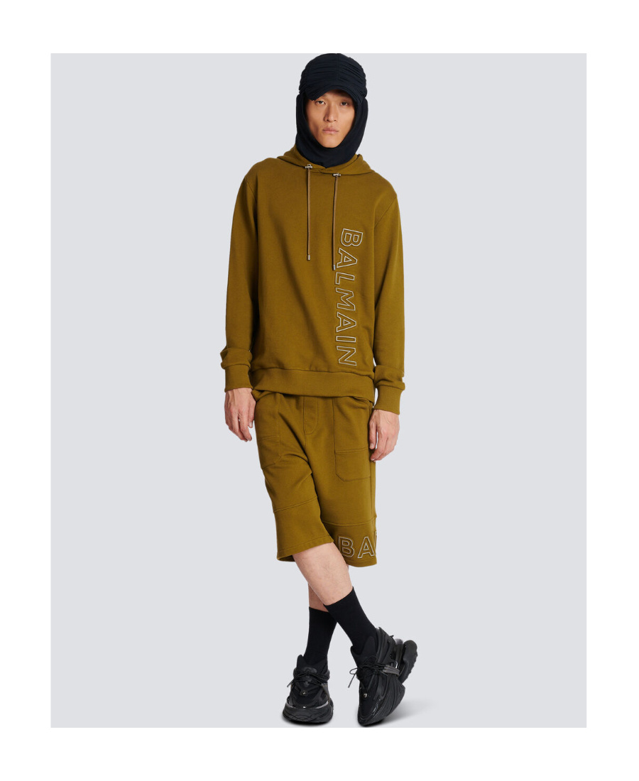Shop Balmain Hoodie In Eco-responsible Cotton With Reflective Logo In Brown