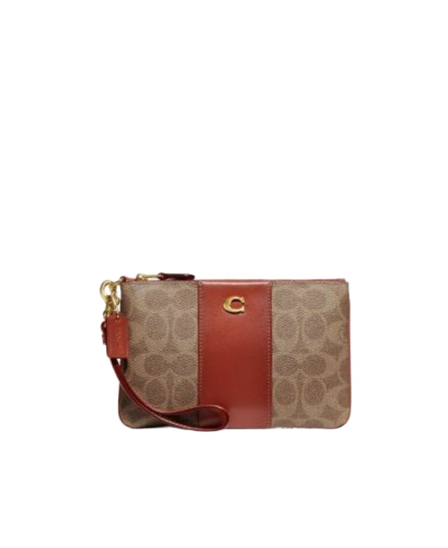 Coach Logo Plaque Monogrammed Small Wristlet Wallet In Brown