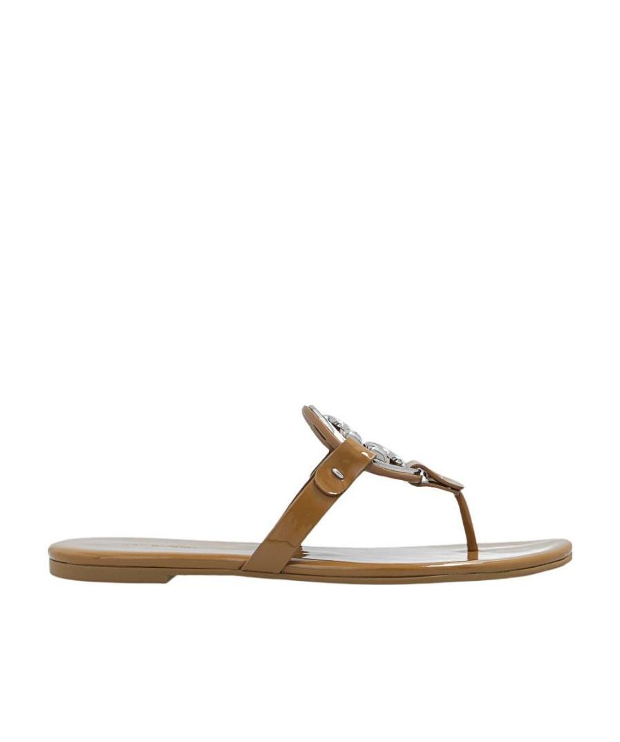 Tory Burch Logo-plaque Open-toe Slides In Brown
